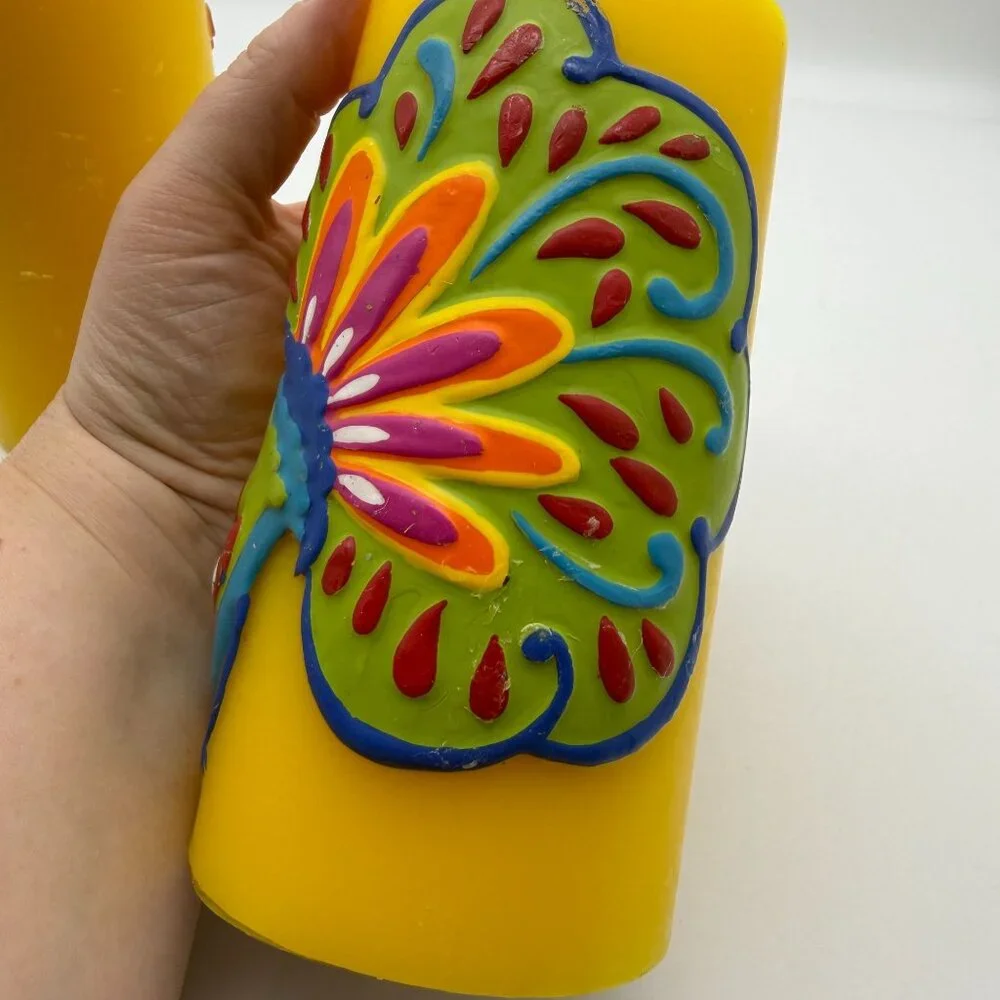 Pier 1 yellow peacock pillar candles set of two summer home decor lake house
